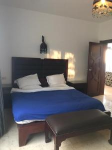 沙姆沙伊赫samara villas luxury的一间卧室配有一张带蓝色棉被的床