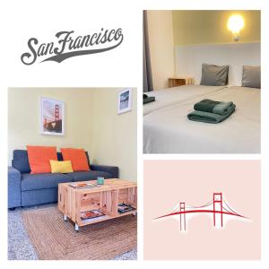 阿尔热祖尔California Dream Inn的一张卧室和床的三幅照片拼贴