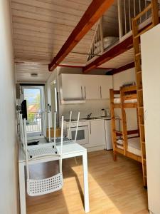 NøragerNørager Apartments的一间小房子里的厨房,配有桌椅