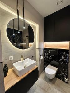 斯蒂格纳Apartamenty Belona的一间带水槽、卫生间和镜子的浴室