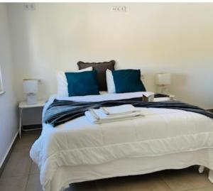 阿玛考德佩拉Kerart Lima的一间卧室配有一张带蓝色枕头的大床