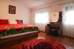 普里什蒂纳Prishtina Guests'的一间卧室配有一张床、一张书桌和一张红色毯子