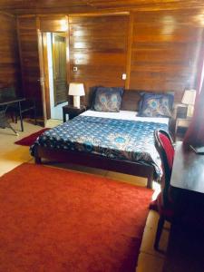克里比Kribi Trip Experience的一间卧室配有一张床和红色地毯