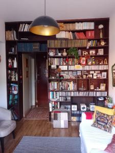 里约热内卢Apartamento Parque Jardim Europa的客厅设有书架,书架上摆放着书籍