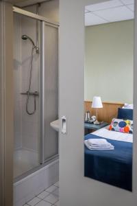 法尔肯堡Hotel 1711的一间卧室配有一张床、淋浴和一张床