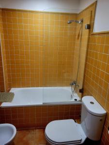 比亚尔LA CASITA DE LAS HADAS的橙色瓷砖浴室设有卫生间和浴缸