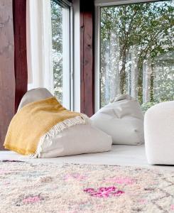 福松布罗内Agriturismo "Le Cannelle" spa & day wellness的窗户旁的地板上有两个枕头