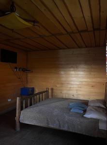 沃罗赫塔Khatky Na Penkakh的木制客房的一张床位,设有木制天花板