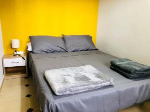 普埃托利亚诺Acogedor apartamento muy cerca del centro的黄色墙的房间里一张床位