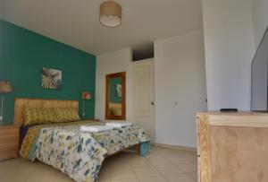 蓬塔赫尔莫萨Casa mar surfhouse的一间卧室设有一张床和绿色的墙壁