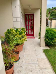 蒙卡列里L'angolo verde apartment的一座有盆栽植物的建筑上的红色门