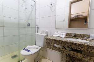 里贝朗普雷托Hotel Dan Inn Express Ribeirão Preto的浴室配有卫生间、盥洗盆和淋浴。