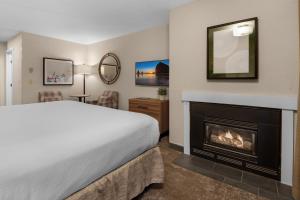 卡农海滩帆船湾酒店的一间卧室配有一张床和一个壁炉