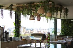 利马圣米格尔帕尔梅托商务酒店的餐厅拥有悬挂在天花板上的植物