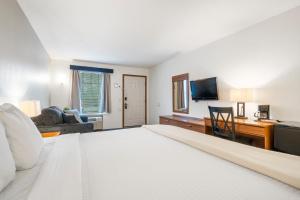 布兰森Autumn Creek Branson的一间卧室配有一张床、一张书桌和一台电视