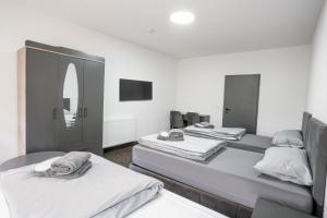 杜伊斯堡Duisburger Hostel的带三张床和镜子的客房