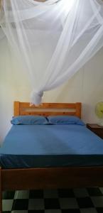 Santo AntónioCasa de Andréa的一间卧室配有一张带蚊帐的床