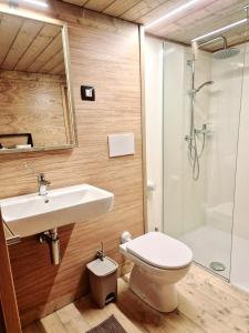 蒙苏姆马诺Glamping Suite Rosso Baccara的一间带水槽、卫生间和淋浴的浴室