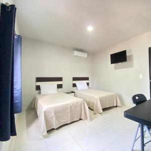 坦皮科HOTEL TAMPICO EXPRESS MORALILLO的一间卧室配有两张床和一台平面电视