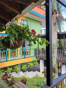 瓜塔佩Guatapé Country House Hotel的一座五彩缤纷的建筑,前面有植物