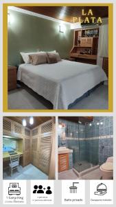 巴耶杜帕尔Valle Suites Boutique的卧室配有一张床和一间浴室的两张照片