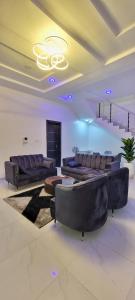 AwoyayaBlue Luxury的带沙发和吊灯的大型客厅