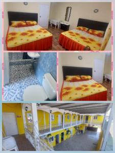 巴里奥斯港Hotel La Posada de Don Chusito的一张带两张床的房间和一座建筑的三张照片