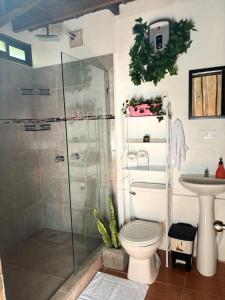 福尔图纳Cabañas Litos #1的带淋浴、卫生间和盥洗盆的浴室