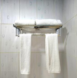 埃尔比勒Vote Hotel的浴室毛巾架上的两条毛巾