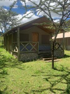 OlolaimutiekEco mara forest camp的田野上带木门的小房子