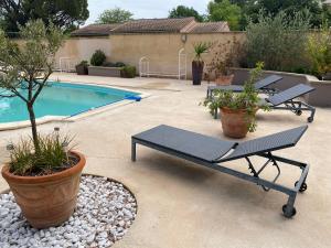 Châteauneuf-de-GadagneBeau Ciel的一个带两张野餐桌和游泳池的庭院
