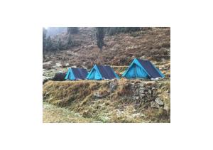 Baijnāththevillagercamp的山丘上四座蓝色帐篷