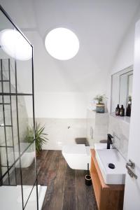 梅奈布里奇Sgwâr的浴室配有卫生间、盥洗盆和淋浴。