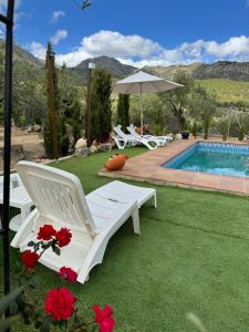 YunqueraVilla El Pedregal - Parque Sierra de las Nieves的游泳池旁的白色躺椅