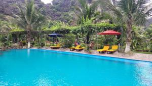 宁平Fairy Mountain Retreat的度假村的游泳池,配有椅子和遮阳伞