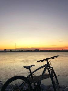 他曲STAY Hostel & Motorbike Rental - Thakhek的停在水体岸边的自行车