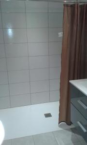 贝尔卡斯泰chambre d'hôtes Cadravals Belcastel Aveyron的浴室内带窗帘的淋浴
