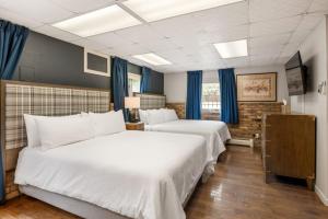 格伦伍德温泉Hotel Maxwell Anderson的两张位于酒店客房的床,配有蓝色窗帘