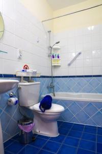 帕福斯Sunset Green 03的蓝色和白色的浴室设有卫生间和浴缸。