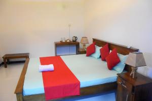 康提Cozy Homestay Kandy的一间卧室配有一张带红色和蓝色枕头的床