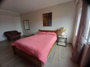 阿克拉LA SUNSET的一间卧室配有一张带粉色毯子和椅子的床