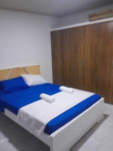 比亚维森西奥Hanna's House.的一间卧室配有一张蓝色和白色的床,配有木制橱柜