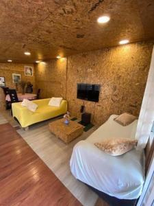 波多诺伏Résidence GreenArt Mamert et services的客房设有两张床、一张沙发和一台电视。