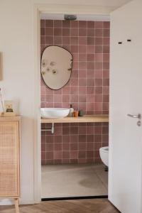 伊皮Hjort I Tiny House的浴室设有水槽和墙上的镜子