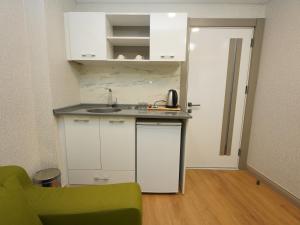 伊斯坦布尔gazelle suites的一个带水槽和绿色沙发的小厨房