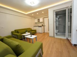 伊斯坦布尔gazelle suites的客厅配有绿色沙发和桌子