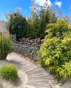 Loix花音酒店的停在木路上的一排自行车