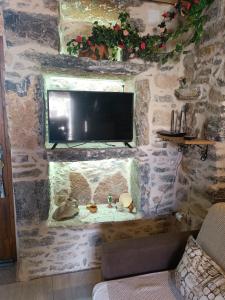 梅斯塔ΜΕΣΤΑ - ΠΛΑΤΕΙΑ的客房内的石墙配有电视