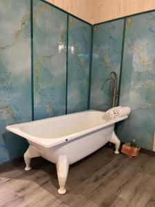 亚布卢尼齐亚Апартаменти Smereka的带浴缸的浴室和蓝色的墙壁