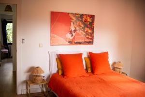 SagraEl botanico de Sagra的一间卧室配有带橙色枕头和绘画的床。
